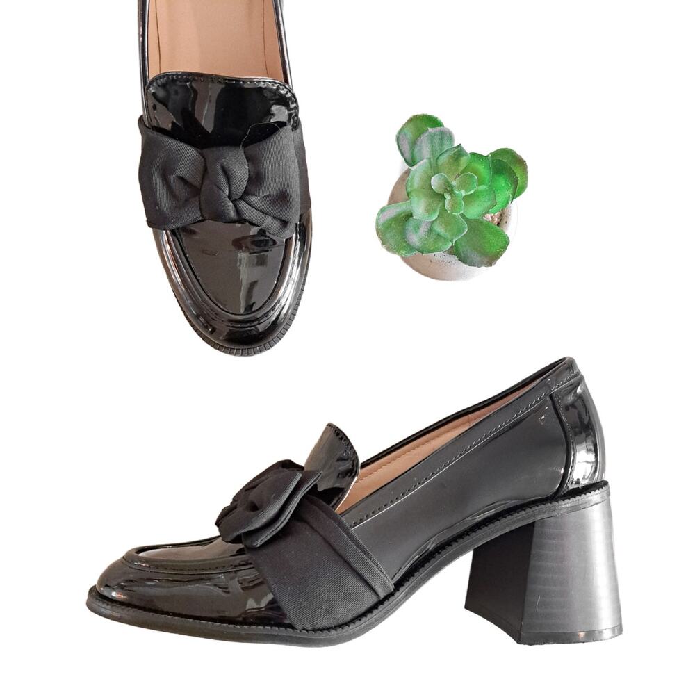 Bandolino Korrar Loafer Black Patent Bow Toe Chunky Block Heel Size 7.5